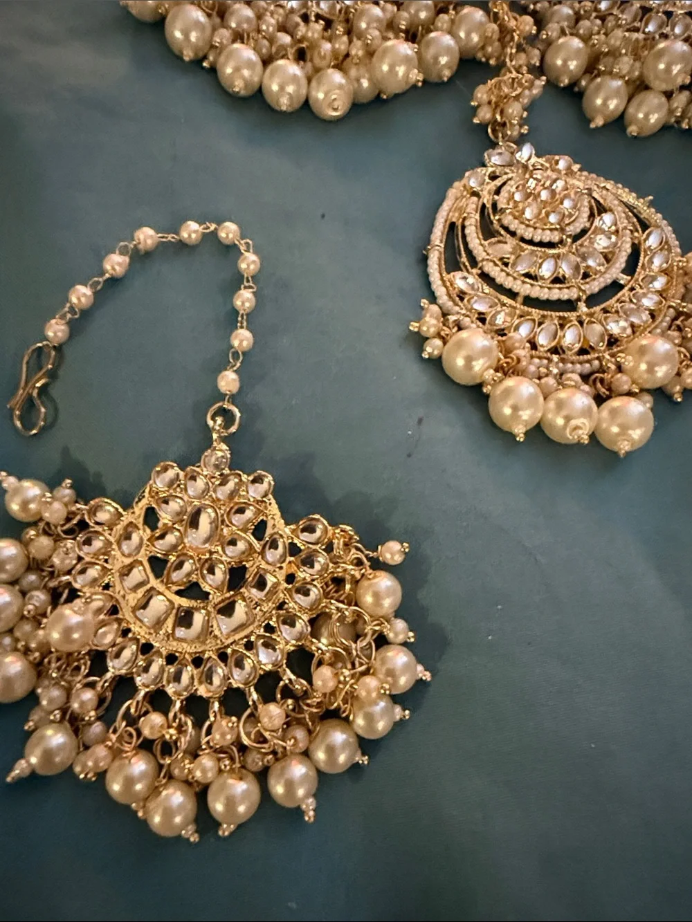 Gold-Tone Pearl Chandbali Earrings and Tikka Set